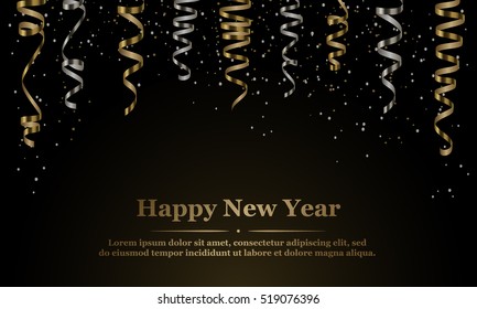 Vector silver and gold serpentine, ribbon with silver and gold dust confetti with lettering. Isolated on black background. Christmas holiday design, decor. Vector illustration.