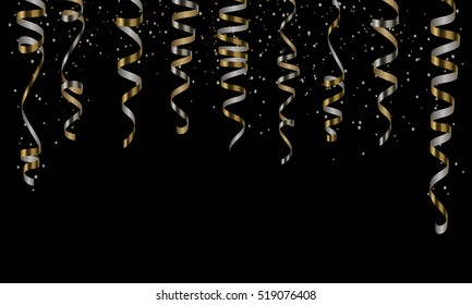 Vector silver and gold serpentine, ribbon with silver and gold dust confetti isolated on black background. Christmas holiday design, decor. Vector illustration.