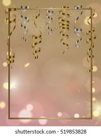 Vector silver and gold serpentine, ribbon with silver and gold dust confetti isolated on gold background. Christmas card for party, holiday design, decor. Vector illustration.