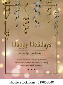 Vector silver and gold serpentine, ribbon with silver and gold dust confetti isolated on gold background, with lettering. Christmas card for party, holiday design, decor. Vector illustration.