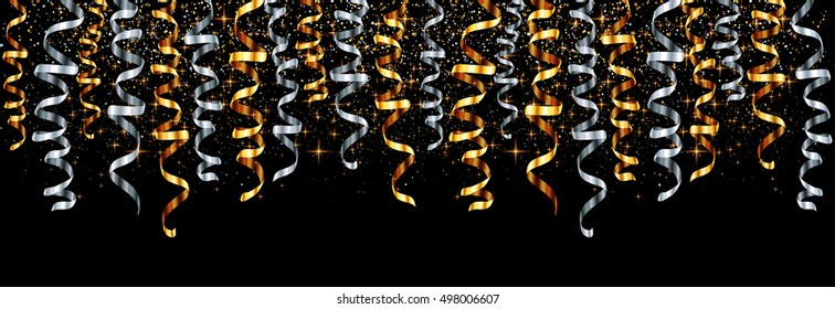 Vector silver and gold serpentine with silver and gold shining dust on black background