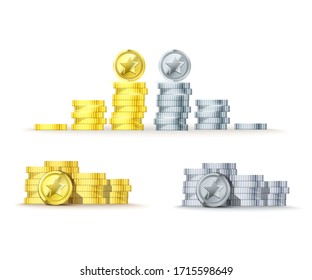 vector silver  and gold stack of coins pile and coin with star on top view from smaller to larger.  Vector illustration  stack