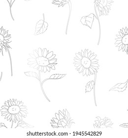 Vector Silver Gradient Effect Sunflower Lineart seamless pattern background. Perfect for fabric, scrapbooking and wallpaper projects.
