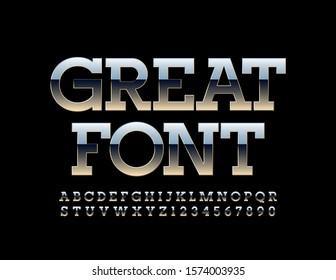 Vector Plata Gran Fuente. Alfabeto metálico brillante. Letras, números y símbolos de acero