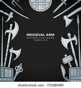 vector silver grey color various medieval cold steel arms decorative frame template isolated on dark brown background