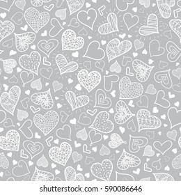 Vector Silver Grey Doodle Hearts Seamless Pattern Design Perfect for Valentine s Day cards, fabric, scrapbooking, wallpaper.