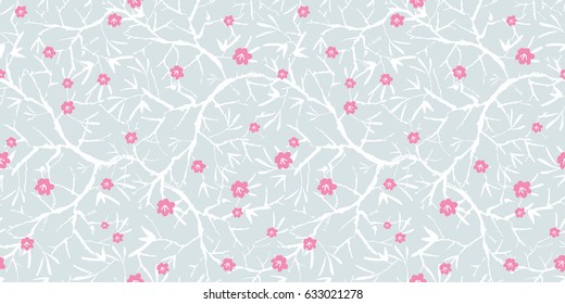 Vector silver grey, pink, and white blooming sakura bracnhes painted texture. Seamless repeat pattern background. Great for wallpaper, cards, fabric, wrapping paper, stationery projects.