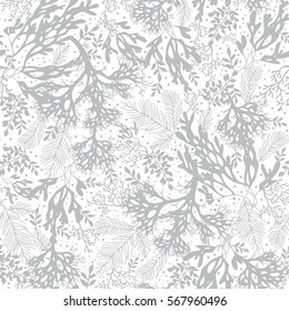 Vector Silver Grey Seaweed Texture Seamless Pattern Background. Great for elegant gray  fabric, cards, wedding invitations, wallpaper.