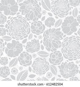Vector Silver Grey White Mosaic Flowers Seamless Repeat Pattern Background Design. Great For Elegant wedding invitations, anniversary, packaging, fabric, wallpaper.