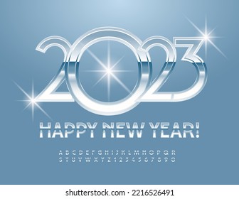 Vector silver Happy New Year 2023 Greeting Card! Elegant Stylish Font. Chrome Alphabet Letters and Numbers