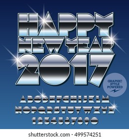 Vector silver Happy New Year 2017 greeting card with set of letters, symbols and numbers. File contains graphic styles