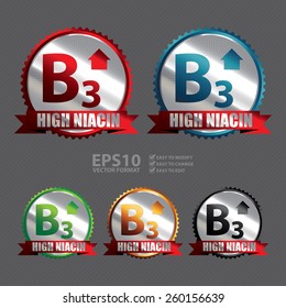 Vector : Silver High Niacin B3 Vitamin Ribbon, Badge, Icon, Sticker, Banner, Tag, Sign or Label 