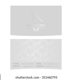 Vector silver horizontal business card template - gray silk print of front and back sides - lotus, yoga pose, woman body and paisley ornament with copy space