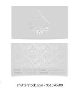 Vector silver horizontal business card template - gray silk print of front and back sides - lotus, yoga pose, woman body and paisley ornament with copy space