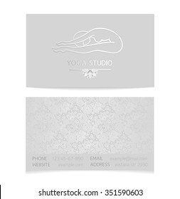 Vector silver horizontal business card template - gray silk print of front and back sides - lotus, yoga pose, woman body and paisley ornament with copy space