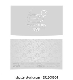 Vector silver horizontal business card template - gray silk print of front and back sides - lotus, yoga pose, woman body and paisley ornament with copy space