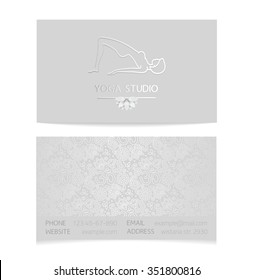 Vector silver horizontal business card template - gray silk print of front and back sides - lotus, yoga pose, woman body and paisley ornament with copy space
