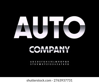 Vector Silver icon Auto Company. Glossy Metallic Font. Stainless Steel Alphabet Letters and Numbers.