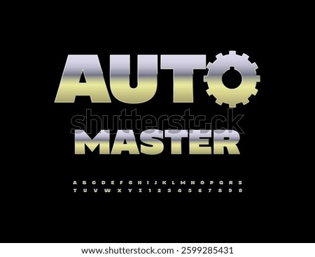 Vector Silver icon Auto Repair with Metallic Сogwheel. Glossy Industrial Font. Iron Digital Alphabet Letters and Numbers set.