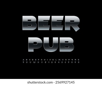 Vector silver icon Beer Pub. Black Iron Font. Premium Metallic Alphabet Letters and Numbers.