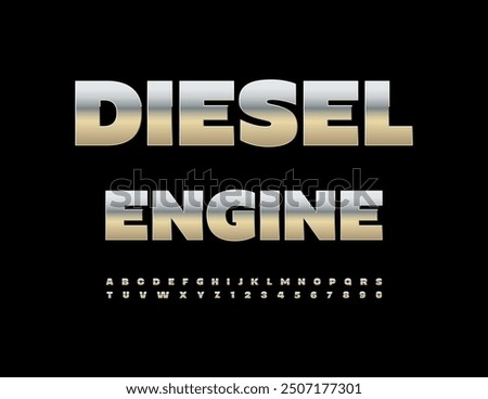 Vector silver icon Diesel Engine. Modern Metallic Font. Trendy Chrome Alphabet Letters and Numbers set.