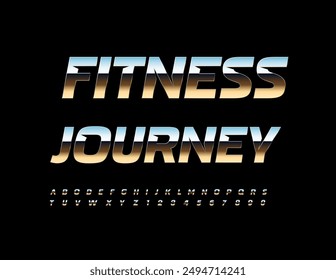 Vector silver icon Fitness Journey. Unique Metallic Font. Modern Alphabet Letters and Numbers set.