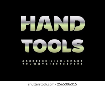 Vector Silver icon Hand Tools. Stylish Metallic Font. Uppercase Chrome Alphabet Letters and Numbers.