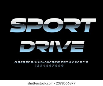 Vector silver icon Sport Drive.  Futuristic style Font. Unique Steel Alphabet Letters and Numbers set. 