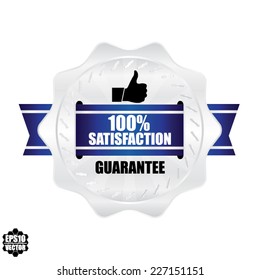 Vector: Silver label, sticker, tag, and sign with blue ribbon hundred percent satisfaction badge.