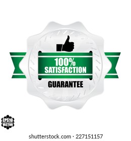 Vector: Silver label, sticker, tag, and sign with green ribbon hundred percent satisfaction badge.