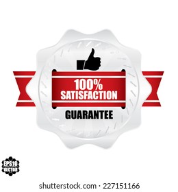 Vector: Silver label, sticker, tag, and sign with red ribbon hundred percent satisfaction badge.