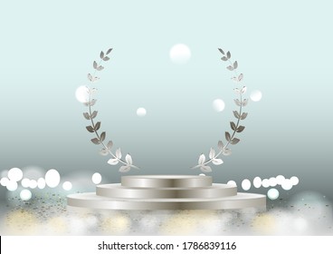 Vector silver laurel wreath frame award and stage podium isolated on dark background. Victory, honor achievement, quality product presentation, anniversary party, creative or professional triumph.