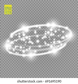 Vector silver light discs hazy effect. Cold glowing swirling storm cylinder of shining stardust sparkles on transparent background. Glittering blizzard funnel, ice cold magical illumination. Vector