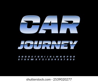 Vector silver logo Car Journey. Unique Metallic Font. Modern Steel Alphabet Letters and Numbers set.
