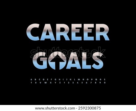 Vector Silver logo Career Goals with Arrow. Reflective Metallic Font. Steel Alphabet Letters and Numbers set.