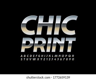 Vector silver logo Chic Print with Metal elegant Font. Shiny chrome Alphabet Letters and Numbers
