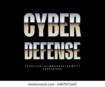 Vector silver logo Cyber Defense. Trendy Steel Font. Stylish Metallic Alphabet Letters and Numbers set.