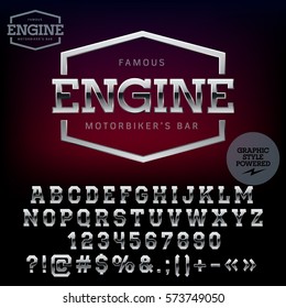 Vector silver logo Engine. Set of letters, numbers and symbols. Contains graphic style.