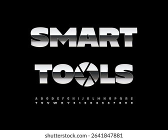 Vector Silver logo Smart Tools with Metallic Emblem. Reflective Steel Font. Iron Alphabet Letters and Numbers set