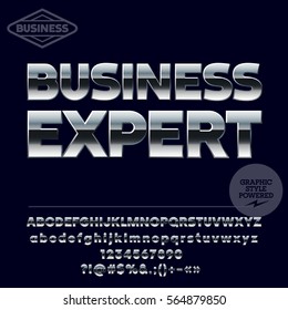 Logotipo de plata vectorial Experto en negocios. Conjunto de letras, números y símbolos. Contiene un estilo gráfico.
