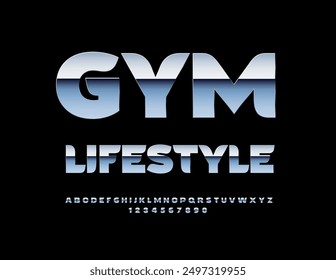 Vector silver logotype Gym Lifestyle. Modern Iron Font. Stainless Steel Alphabet Letters and Numbers set.