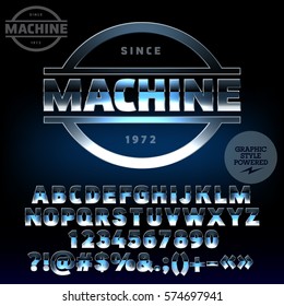 Vector silver logotype for Machine.Set of letters, numbers and symbols. Contains graphic style. 