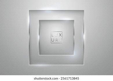 Vector silver luxury background for vip invitation card or flyer. Square paper cut frame with stainless steel line edges and light flares. Premium platinum pattern layered design banner