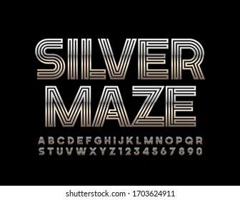 Vector Silver Maze Alphabet Letters And Numbers. Metal Creative Font