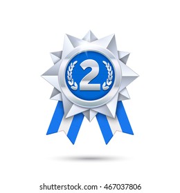 Vector Silver medal illustration. 2nd place prize. 3d silver medal with stripped ribbons. Eps10 vector illustration.