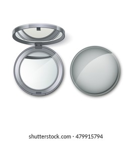 Vector Silver Metal Round Pocket Cosmetic Make up Small Mirror Isolated on White Background