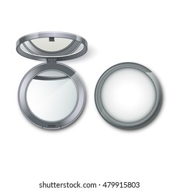 Vector Silver Metal Round Pocket Cosmetic Make up Small Mirror Isolated on White Background