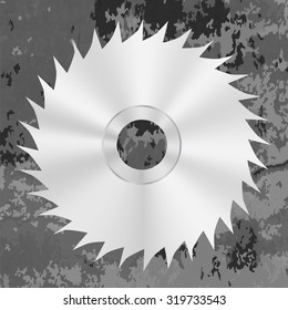 Vector Silver Metal Saw Isolated on Grey Grunge Background. Circular Saw Disc Icon