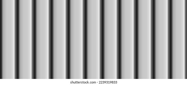 Vector silver metal wall texture. Metallic striped corrugated roofing tile. Chrome fence seamless pattern. Steel gray realistic background. Flooring striped sheet construction. Industrial chrome plate