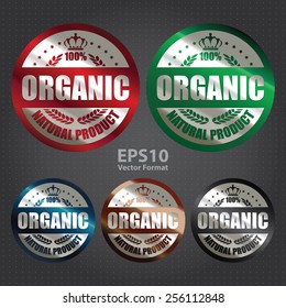 vector : silver metallic circle 100% organic natural product sticker, icon, label, sign, banner